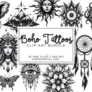 Boho Clipart Bundle | Linie Kunst Tattoo PNGs | Himmlische, florale, spirituelle Grafiken für Sublimationsdrucke und Aufkleber | Mond, Sonne, Natur
