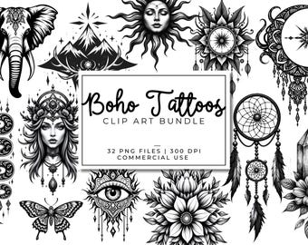 Boho Tattoos Clipart Bundle | Line Art Tattoo PNGs | Celestial, Floral, Spiritual Graphics for Sublimation & Stickers | Moon, Sun, Nature
