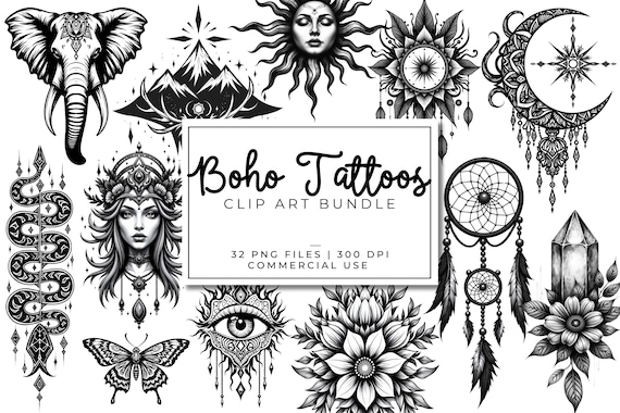 Boho Tattoos Clipart Bundle | Line Art Tattoo PNGs | Celestial, Floral, Spiritual Graphics for Sublimation & Stickers | Moon, Sun, Nature