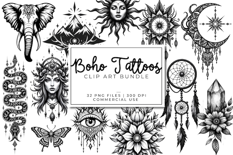 May include: Black and white Boho Tattoos clip art bundle featuring an elephant, mountains, sun, mandala, moon, dreamcatcher, crystal, snake, woman, butterfly, eye, and flower designs. The text reads "Boho Tattoos CLIP ART BUNDLE".