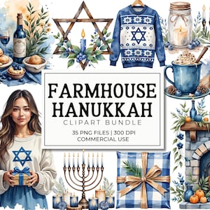 May include: A watercolour illustration of a "Farmhouse Hanukkah Clipart Bundle" with festive elements. It features a blue sweater with a Star of David, menorahs, candles, food, and a fireplace. The image has a warm, inviting aesthetic.