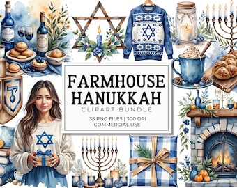 Boerderij Chanoeka clipartbundel, rustieke Chanoeka PNG, aquarel menora dreidel ster van David, blauwe vakantie graphics digitale download