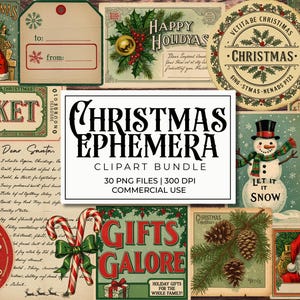 Puede incluir: Un collage de efemérides navideñas vintage, que incluye ilustraciones de Papá Noel, etiquetas de regalo y saludos festivos. La imagen central dice "Christmas Ephemera Clipart Bundle". La paleta de colores incluye rojo, verde y crema.