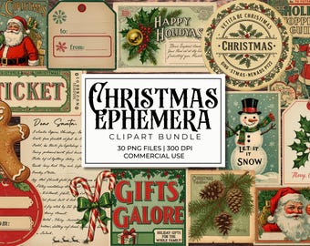 Vintage Christmas Ephemera Clipart Bundle | Antique Holiday Postcards, Santa Tags, Retro Labels, Victorian Scrapbook PNG | Christmas Cards