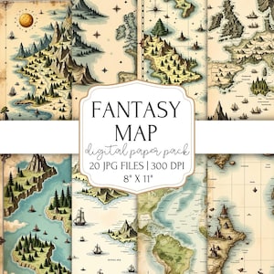 ファンタジー マップ デジタル ペーパー パック | ビンテージ RPG 地図作成背景 | DnD、ジャンク ジャーナル、スクラップブッキング、印刷可能なエフェメラ | アンティーク ペーパー