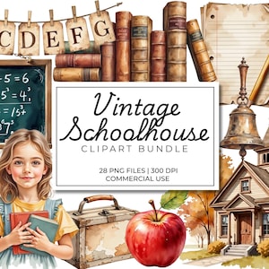 May include: Watercolor illustration of a vintage schoolhouse theme. Includes a chalkboard with math equations, books, a globe, a school bell, a red apple, and a young girl holding books. The image also features the text "Vintage Schoolhouse Clipart Bundle".