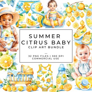Lot de cliparts de bébé aux agrumes d'été | Graphismes Boho citron pour baby shower | Adorable oeuvre d'art pour bébé sur le thème des fruits pour baby shower, oeuvre d'art murale | PNG