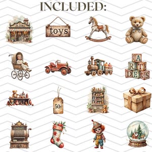 May include: Watercolor illustrations of vintage toys, including teddy bears, a rocking horse, a toy store sign, a train, a baby carriage, and a snow globe. The word "INCLUDED" is at the top.