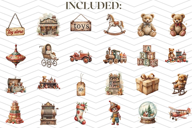 May include: Watercolor illustrations of vintage toys, including teddy bears, a rocking horse, a toy store sign, a train, a baby carriage, and a snow globe. The word "INCLUDED" is at the top.
