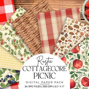 May include: A collection of digital paper with a rustic cottagecore picnic theme. The papers feature patterns like red gingham, woven textures, and botanical designs with apples, berries, and mushrooms. A bowl of strawberries sits nearby.