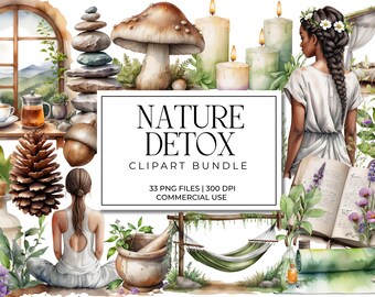 Nature Detox Clipart Bundle | 50+ Soft Watercolor PNGs | Cottagecore, Self-Care, Wild Botanicals, Wellness Aesthetic | Commercial Use