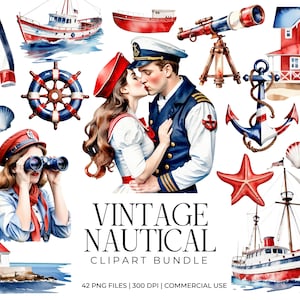 Paquete de imágenes náuticas vintage, imágenes de marineros, gráficos para álbumes de recortes con océanos en rojo, blanco y azul, diario basura, sublimación, uso comercial