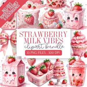 Pacote de Cliparts Pinkcore de Leite de Morango | Gráficos Estéticos Kawaii para Arte Digital, Adesivos, Vestuário e Mais | Ilustrações Pink Coquette