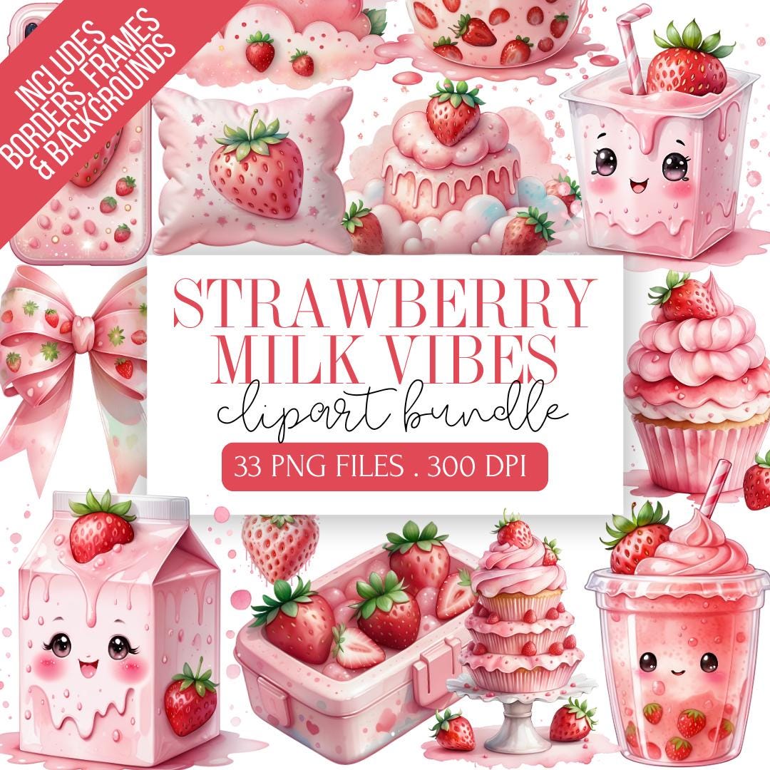 Strawberry Milk Pinkcore Clipart Bundle | Kawaii Aesthetic Graphics for ...