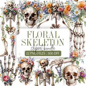 Pode incluir: Um pacote digital de clipart com 22 ilustrações de esqueletos florais. As imagens apresentam uma variedade de arranjos florais, incluindo rosas, margaridas e flores silvestres, que envolvem um esqueleto. As ilustrações são em estilo aquarela e são perfeitas para criar designs únicos e caprichosos.