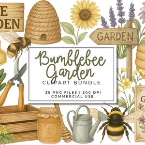 Bumblebee Garden Clipart Bundle | Watercolor Floral & Bee Keeping PNGs, Cottagecore Nature Ephemera Graphics for Scrapbooking, Junk Journals
