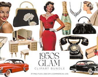Vintage 1950s Glam Clip Art | Retro Fashion Beauty PNG | Vintage Scrapbook Ephemera | Midcentury Fashion Illustrations | 1950s junk Journal
