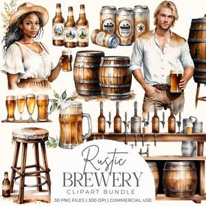 Pode incluir: Ilustração em aquarela de um tema de cervejaria rústica. A imagem apresenta garrafas de cerveja, latas, barris e torneiras de cerveja. Duas pessoas estão segurando copos de cerveja. O texto "Rustic Brewery Clipart Bundle" também está incluído.