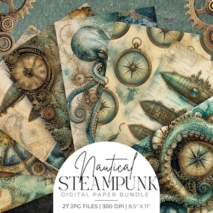 Könnte beinhalten: Ein digitales Papierbündel mit nautischen und Steampunk-Motiven, Oktopus-Tentakeln, Zahnrädern aus Messing, Vintage-Kompassen und U-Boot-Illustrationen. Der Text lautet Nautical STEAMPUNK DIGITAL PAPER BUNDLE 27 JPG FILES 300 DPI 8.5" x 11".