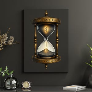 May include: An ornate hourglass painting with a bronze-colored frame and stand. The hourglass features a black and white sand design with the word "BRAZIL" in the center. The artwork is displayed on a dark gray background.
