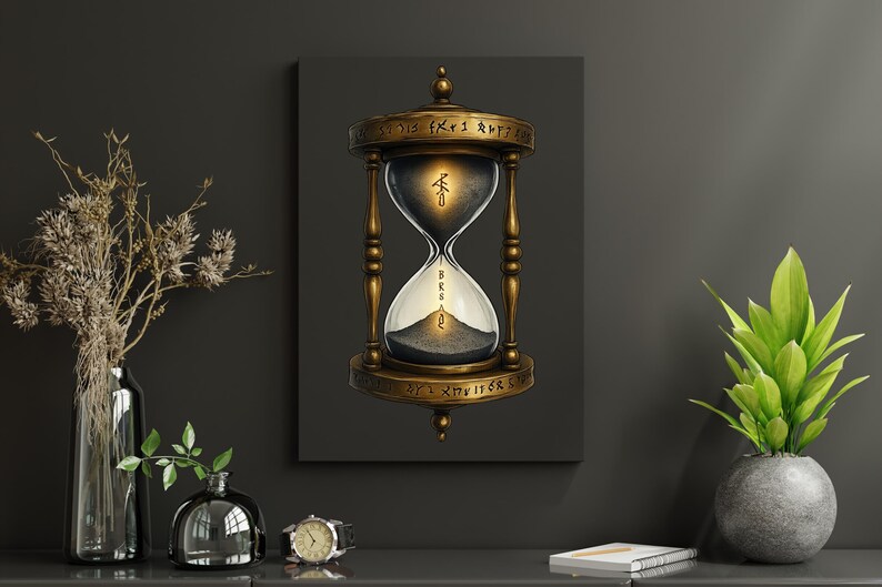 May include: An ornate hourglass painting with a bronze-colored frame and stand. The hourglass features a black and white sand design with the word "BRAZIL" in the center. The artwork is displayed on a dark gray background.