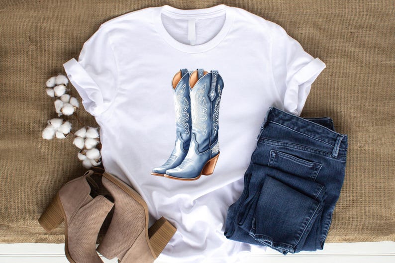 Denim och diamanter Clipart-paket | Western Glam PNGs | Cowgirl-stövlar, hattar, strass, glittriga lantflickgrafik | Scrapbook-ephemera bild 3