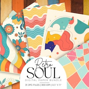 Paquete de papeles digitales Retro Soul, paquete de patrones de los años 70, fondos imprimibles con estilo, páginas de álbum de recortes boho psicodélico, colección de efímeros JPG.