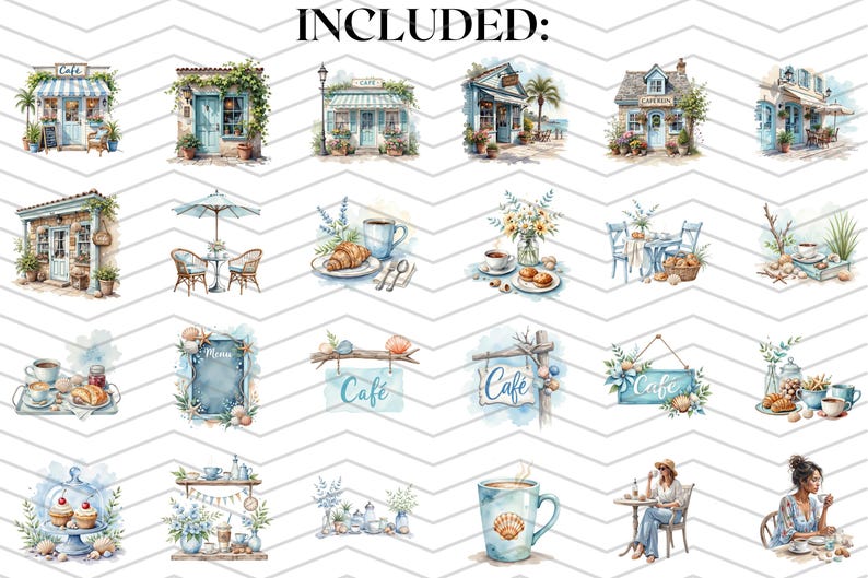 Coastal Cafe Clipart Bundle, Cottagecore Coffee Shop Watercolor PNG ...