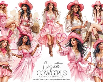 Coquette Cowgirls Clipart-paket, rosa westernflickor PNG, flickig rodeokonst, feminina lantklistermärken, grafik för skräpjournaler och hantverk