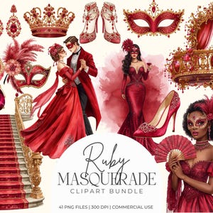 Puede incluir: Una colección de imágenes prediseñadas con temática de mascarada de color rojo rubí. La imagen incluye un vestido de baile, aretes, coronas, tacones altos, máscaras, una pareja bailando, una mujer con un vestido, una escalera, una copa de vino y una vela.