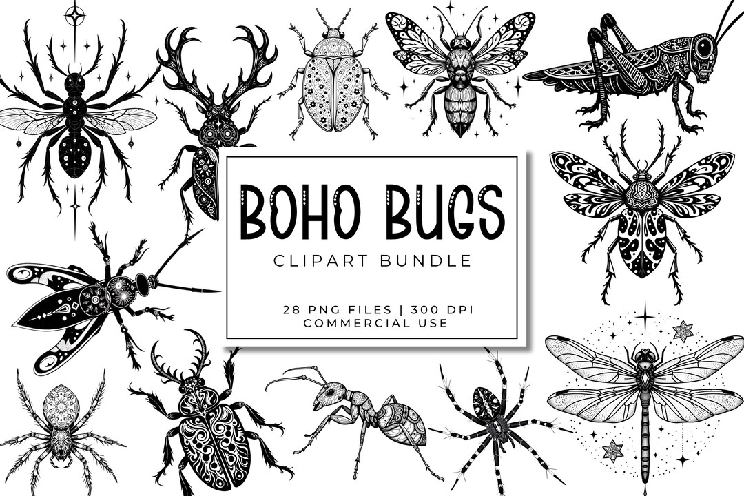 Boho Insect Boho Bug Clipart Bundle – Tribal Pattern Insect Line Art, Moths ...
