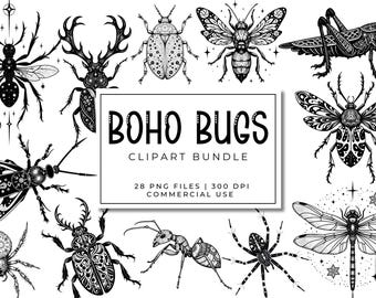 Boho Bug Clipart Bundle – Tribal Pattern Insect Line Art, Moths, Celestial Beetles & Butterflies PNG, Tattoo Style Boho Clip Art Graphics