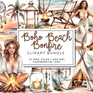 Paquete de imágenes prediseñadas de fogatas de playa bohemia / PNGs estéticos de fogatas de verano / Gráficos de arte digital costero bohemio para revistas basura, sublimación