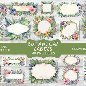 Botanical Floral Label Bundle | 40 Printable PNG Labels | Blank Plant-Themed Tags for DIY, Crafts, Journals, POD Designs, Flower Labels