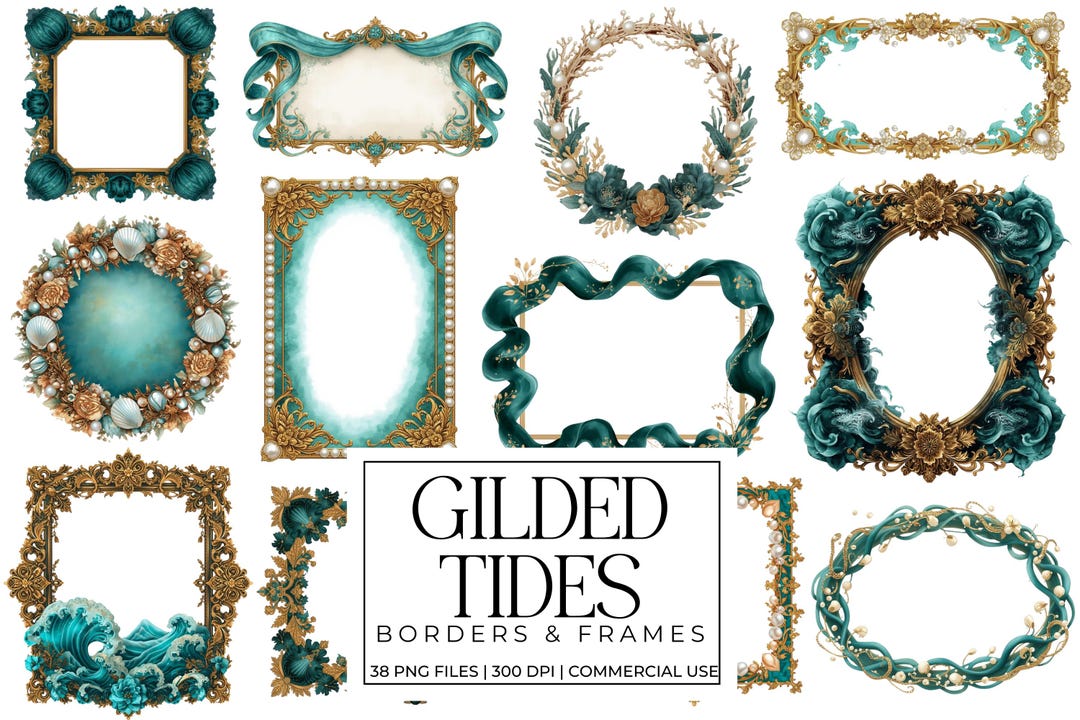 Tide Border Gilded Tides Frames & Borders Clipart Bundle, Dark Turquoise and Gold ...