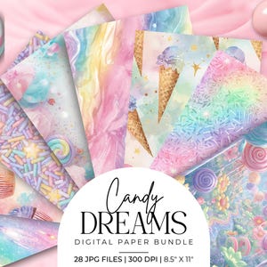 Puede incluir: Un paquete de papel digital llamado "Candy Dreams" con diseños de acuarela coloridos. El paquete incluye 28 archivos JPG, cada uno de 21,59 cm x 27,94 cm a 300 DPI. Los diseños incluyen piruletas, chispas, conos de helado y patrones de arcoíris pastel.