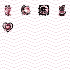May include: A set of nine digital illustrations featuring a variety of gothic and whimsical designs. The illustrations include a black cat wearing a witch's hat, a heart with lace trim, a bottle of perfume, a pair of boots, a crescent moon with a face, a candle, a purse with a bow, and a crescent moon with a face in a frame.
