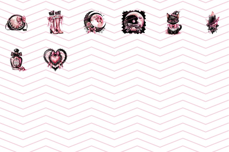 May include: A set of nine digital illustrations featuring a variety of gothic and whimsical designs. The illustrations include a black cat wearing a witch's hat, a heart with lace trim, a bottle of perfume, a pair of boots, a crescent moon with a face, a candle, a purse with a bow, and a crescent moon with a face in a frame.