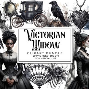 Peut inclure: Un ensemble de cliparts numériques intitulé "Victorian Widow" présentant des illustrations à l'aquarelle d'un manoir gothique, d'une calèche, d'un corbeau et d'une femme en robe noire. Comprend un éventail décoratif et une rose.
