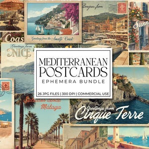 Vintage Mediterranean Postcards Digital Bundle | 26 Retro Travel Cards | Amalfi Greece France Italy Spain Coastal Scrapbook Ephemera JPG