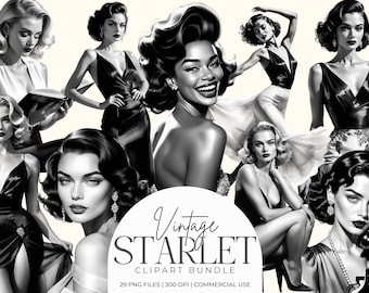 Vintage Starlet Clipart Bundle | Retro Hollywood Glam PNG | Black & White Starlet Graphics | 1950s Glamour Women | Movie Star Girl Images