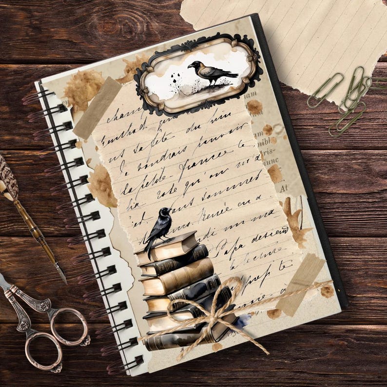 May include: A vintage-style journal with a black and white illustration of a raven perched on a stack of books. The journal has a spiral binding and is decorated with brown paper tape and coffee stains.