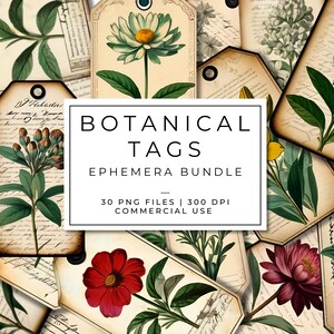 Vintage Botanical Tags Printable Ephemera Bundle – Antique Flower Tags for Junk Journals, Scrapbooking, DIY Crafts, Digital Download PNGs