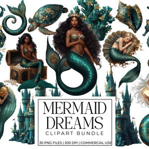 Puede incluir: Un paquete de imágenes prediseñadas digitales titulado "Mermaid Dreams" con varias ilustraciones de sirenas, criaturas marinas y elementos decorativos en verde azulado y dorado. Incluye sirenas, un caballito de mar, una tortuga y un cofre del tesoro.