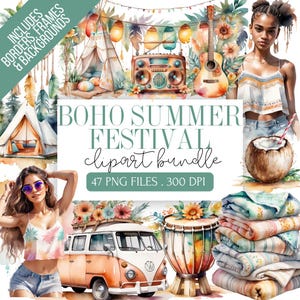 Boho Sommer Festival Clipart Bundle | Boho Mädchen PNG | Hippie Ästhetik, Musik-Festival-Dekor, Blumenkrone, Gitarre, Van Grafiken
