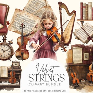 Sammetssträngar Clipart, Vintage Instrument Konst, Violin Cello Harpa Grafik, Musiker Studio Estetik, Kompositör Journal Scrapbooking PNG