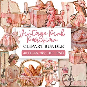 Imágenes prediseñadas parisinas rosas vintage / Imágenes PNG de álbumes de recortes franceses románticos / Ilustraciones de París con estilo shabby chic / Gráficos de la Torre Eiffel / Diario basura