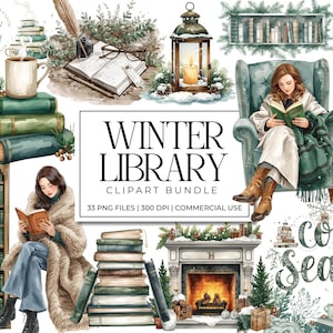 May include: Watercolor clipart bundle with a winter library theme. The image features illustrations of books, a cozy fireplace, a woman reading, and the text "Winter Library Clipart Bundle". The color palette includes greens, browns, and whites.