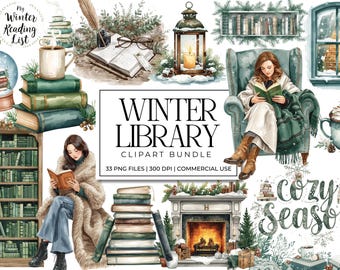 Vinterbibliotek Clipart-paket | Mysig läsning akvarell PNGs, gröna snöiga bokhörnillustrationer, estetisk bokkonst, böcker, clipart-set