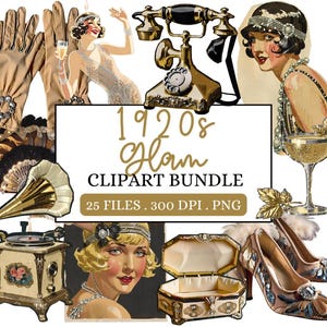 1920s Glam Clipart Bundle, 1920s Party Clip Art, 20s PNG Images, Flapper Girl Graphics, Prohibition Scrapbooking Stickers, Commercial Use